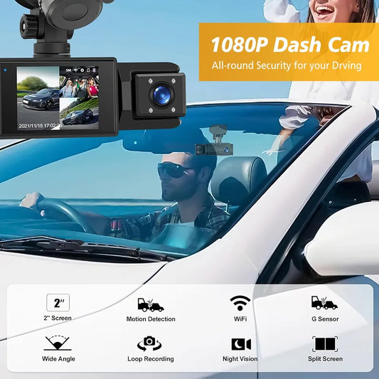 Dashcam Voiture Caméra Embarquée HD 1080P - 3 Canaux & Vision Nocturne