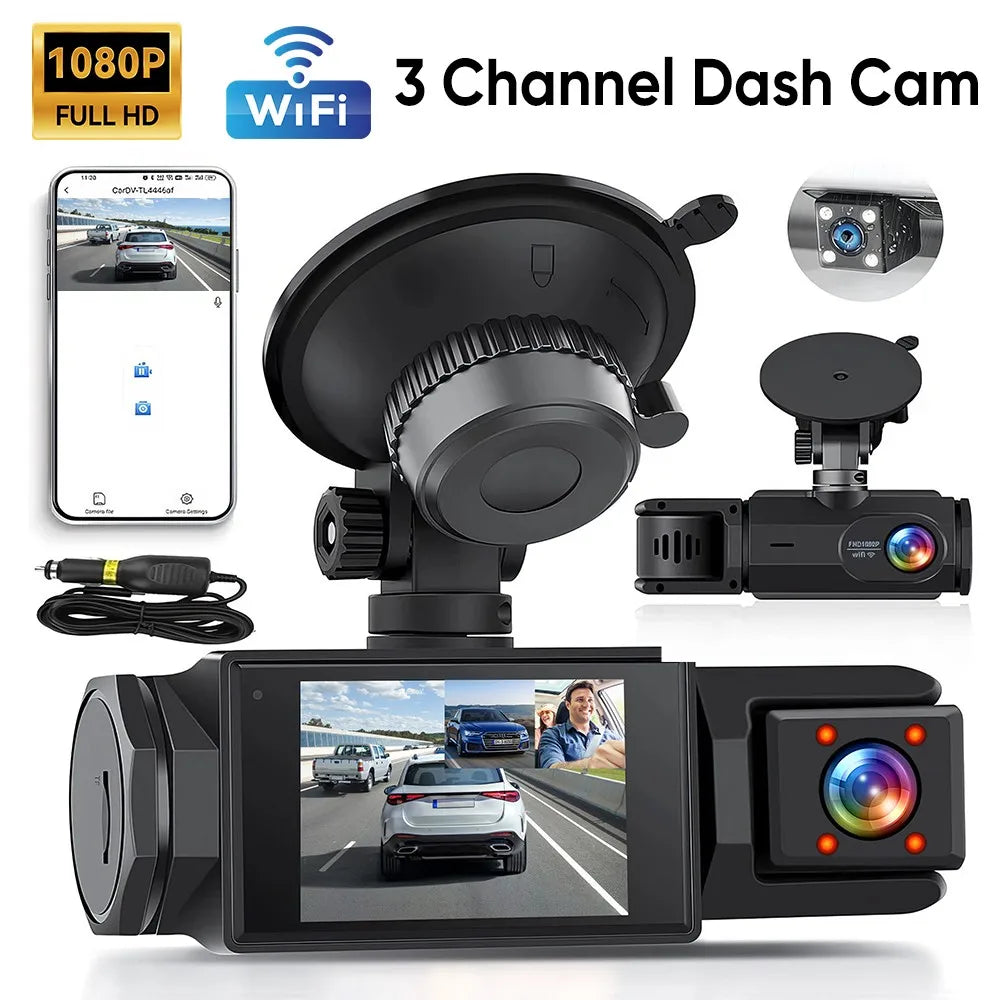 Dashcam Voiture Caméra Embarquée HD 1080P - 3 Canaux & Vision Nocturne