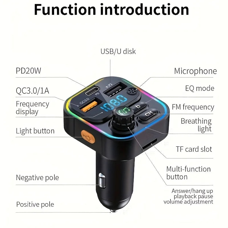Transmetteur FM Bluetooth 5.3 Voiture & Chargeur Rapide USB-C