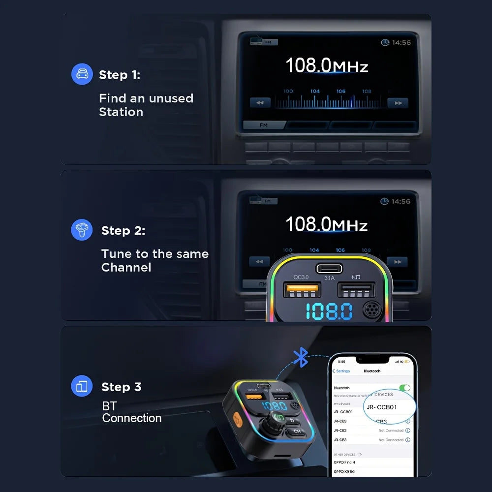 Transmetteur FM Bluetooth 5.3 Voiture & Chargeur Rapide USB-C